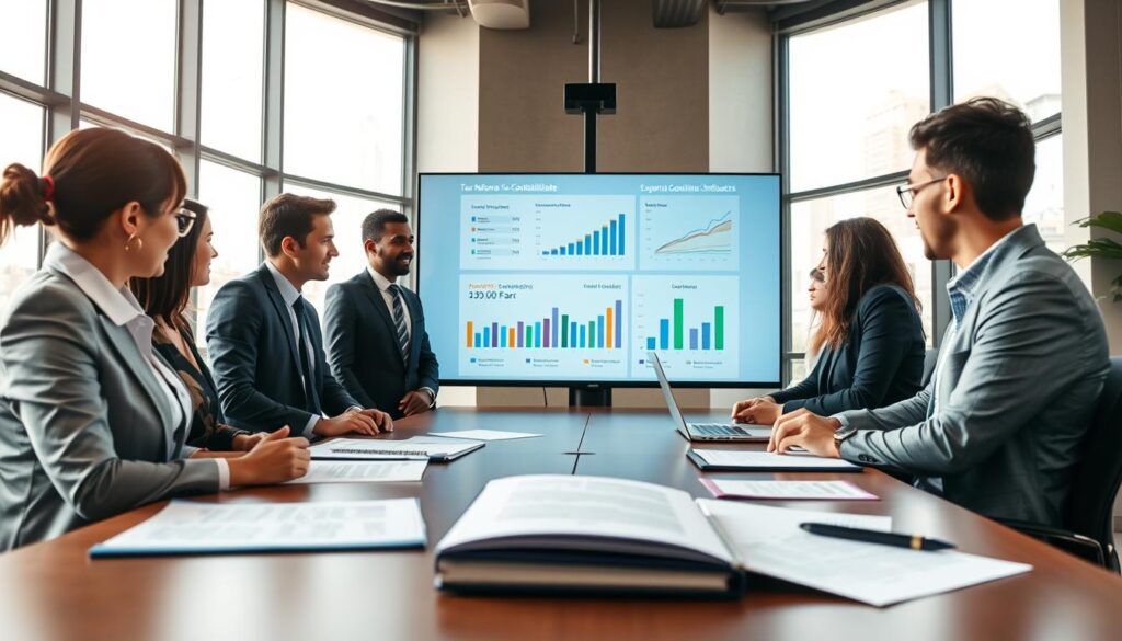 A professional office setting in São Bernardo, illustrating the concept of compliance and adaptation for industries. In the foreground, a diverse group of business professionals in business attire are engaged in a discussion around a conference table, with documents and laptops open. The middle ground features charts and graphs on a screen showcasing data related to tax reform impact on industries. In the background, large windows allow natural light to flood the room, creating a warm and inviting atmosphere. The overall mood is focused and collaborative, highlighting the importance of compliance in accounting, with a subtle indication of the brand "Expansion Contabilidade" displayed in a stylish way on a document or digital device. The angle captures the depth of the room, enhancing the sense of a busy, professional environment.