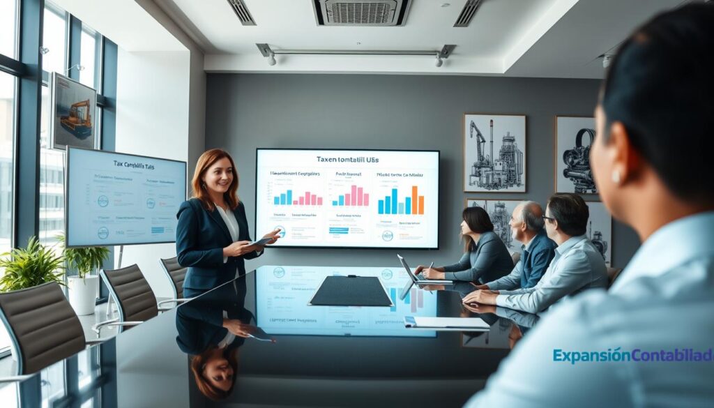 A professional office setting showcasing industry taxation principles. In the foreground, a confident businesswoman in professional attire explains tax concepts to a small group of industrial entrepreneurs gathered around a sleek conference table. The middle ground features a large digital screen displaying graphs and data relevant to CBS and IBS tax structures, emphasizing clarity and understanding. The background reveals a modern office decorated with industry-themed artwork, with large windows letting in natural light that creates a bright and inviting atmosphere. The overall mood is focused and collaborative, reflecting a serious discussion about the new tax legislation in São Bernardo do Campo. Logo of "Expansion Contabilidade" subtly included on the presentation board.
