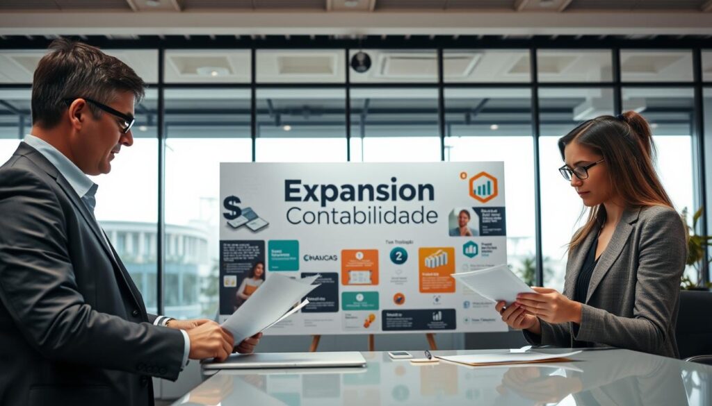 A sleek office environment showcasing a professional accountant consulting with a business owner in the foreground, both dressed in smart business attire. The accountant, a middle-aged man with glasses, is reviewing documents on a laptop while the business owner, a young woman, takes notes with focused expression. In the middle ground, an attractive display board features the brand name "Expansion Contabilidade" prominently, surrounded by visually appealing graphics related to financial growth and plastic industry insights. The background reveals a modern office view with large windows allowing soft, warm natural light to illuminate the space, creating a welcoming atmosphere. The overall mood conveys professionalism and collaboration, perfect for discussing strategies for finding accounting services in São Bernardo do Campo.