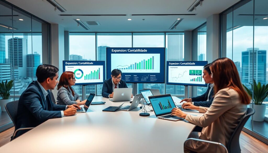 A vibrant and engaging office setting representing digital marketing for accounting services in São Bernardo do Campo. In the foreground, a diverse group of professionals in business attire are collaborating around a modern table, analyzing digital marketing strategies on their laptops. The middle ground showcases screens displaying graphs, SEO analytics, and digital marketing campaigns labeled "Expansion Contabilidade." The background features a sleek office with floor-to-ceiling windows offering a cityscape view. Ambient lighting creates a productive atmosphere, while soft-focus highlights the teamwork and technology. The color palette includes professional blues, greens, and whites to evoke trust and innovation in the accounting field.