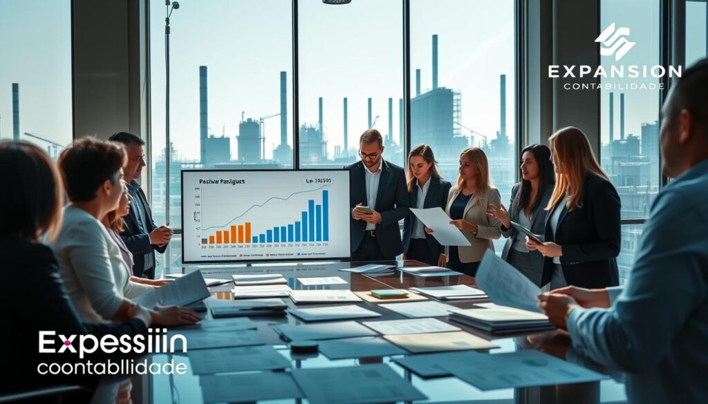 An industrial office scene in São Bernardo, showcasing the financial impacts of the new tax regime for industries. In the foreground, a diverse group of professionals in business attire, animatedly discussing over documents and graphs that highlight economic growth and financial benefits. In the middle, a large digital screen displays positive financial metrics and growth charts, while a sleek conference table is cluttered with financial reports. In the background, the silhouettes of factories and industrial buildings are visible through large windows, indicating an active industrial landscape. The lighting is bright and natural, creating a positive and optimistic atmosphere. The mood reflects collaboration and forward-thinking. In one corner, the logo of "Expansion Contabilidade" subtly integrates into the scene, emphasizing professional guidance.